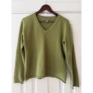 Ply Cashmere Moss Green V-Neck Sweater 100% Cashmere Large Pullover EUC